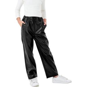 imageRolanko Girls Faux Leather Pants Straight Wide Leg Streetwear Trousers with Pockets Kids Pants 414 YearsBlack