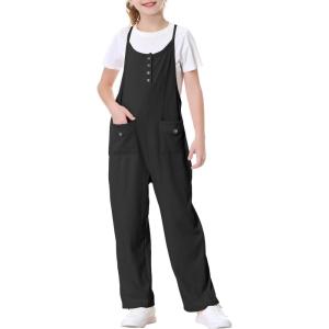 imageRolanko Girls Jumpsuit Knitted Sleeveless Overalls Wide Leg Pants Romper for Kids Loose Jumpers with Pockets 514 YBlack