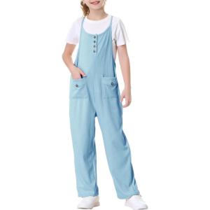imageRolanko Girls Jumpsuit Knitted Sleeveless Overalls Wide Leg Pants Romper for Kids Loose Jumpers with Pockets 514 YBlue