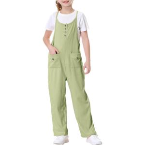 imageRolanko Girls Jumpsuit Knitted Sleeveless Overalls Wide Leg Pants Romper for Kids Loose Jumpers with Pockets 514 YGreen