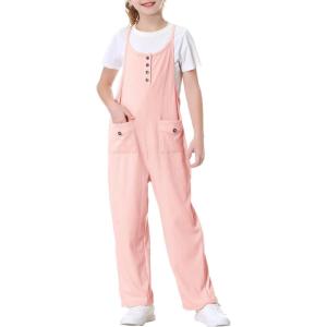 imageRolanko Girls Jumpsuit Knitted Sleeveless Overalls Wide Leg Pants Romper for Kids Loose Jumpers with Pockets 514 YPink