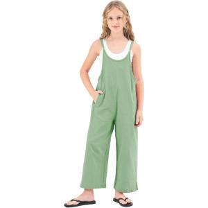 imageRolanko Girls Jumpsuit Sleeveless Romper Wide Leg Pants Overalls for Kids Loose Jumpers with Pockets 414 YearsA1sagegreen