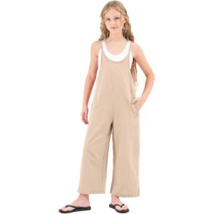 imageRolanko Girls Jumpsuit Sleeveless Romper Wide Leg Pants Overalls for Kids Loose Jumpers with Pockets 414 YearsKhaki