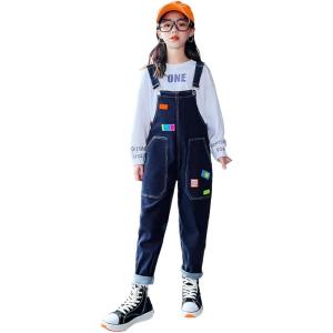 imageRolanko Girls Overalls Denim Bib Distressed Jumpsuit Kids Blue Baggy Jean Pants 414 Years with PocketsA1navy