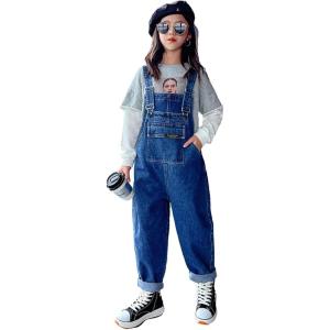 imageRolanko Girls Overalls Denim Bib Distressed Jumpsuit Kids Blue Baggy Jean Pants 414 Years with PocketsA2blue Pocket