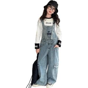 imageRolanko Girls Overalls Denim Bib Distressed Jumpsuit Kids Blue Baggy Jean Pants 414 Years with PocketsD1cargo