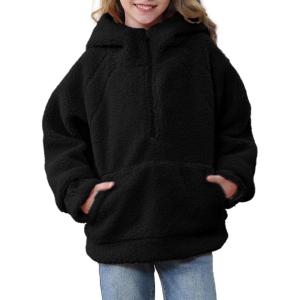 imageRolanko Girls Sherpa Pullover Hoodie Half Zipper Fuzzy Hoodie Sweatshirt with Pockets Kids Fleece Tops 414 YearsBlack