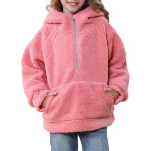 imageRolanko Girls Sherpa Pullover Hoodie Half Zipper Fuzzy Hoodie Sweatshirt with Pockets Kids Fleece Tops 414 YearsPink
