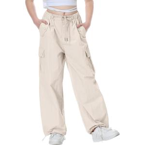 imageRolanko Parachute Pants for Girls Y2K Cargo Trousers with Pockets Harajuku Jogger Pants Kids 414 YearsBeige