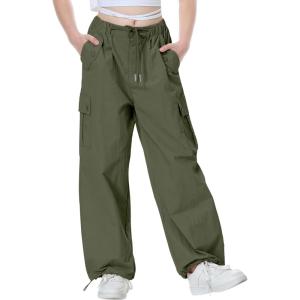 imageRolanko Parachute Pants for Girls Y2K Cargo Trousers with Pockets Harajuku Jogger Pants Kids 414 YearsGreen