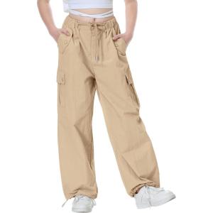 imageRolanko Parachute Pants for Girls Y2K Cargo Trousers with Pockets Harajuku Jogger Pants Kids 414 YearsKhaki