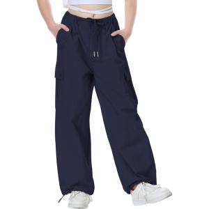 imageRolanko Parachute Pants for Girls Y2K Cargo Trousers with Pockets Harajuku Jogger Pants Kids 414 YearsNavy