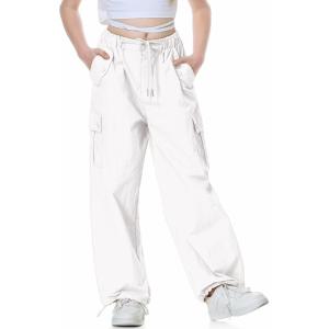imageRolanko Parachute Pants for Girls Y2K Cargo Trousers with Pockets Harajuku Jogger Pants Kids 414 YearsWhite