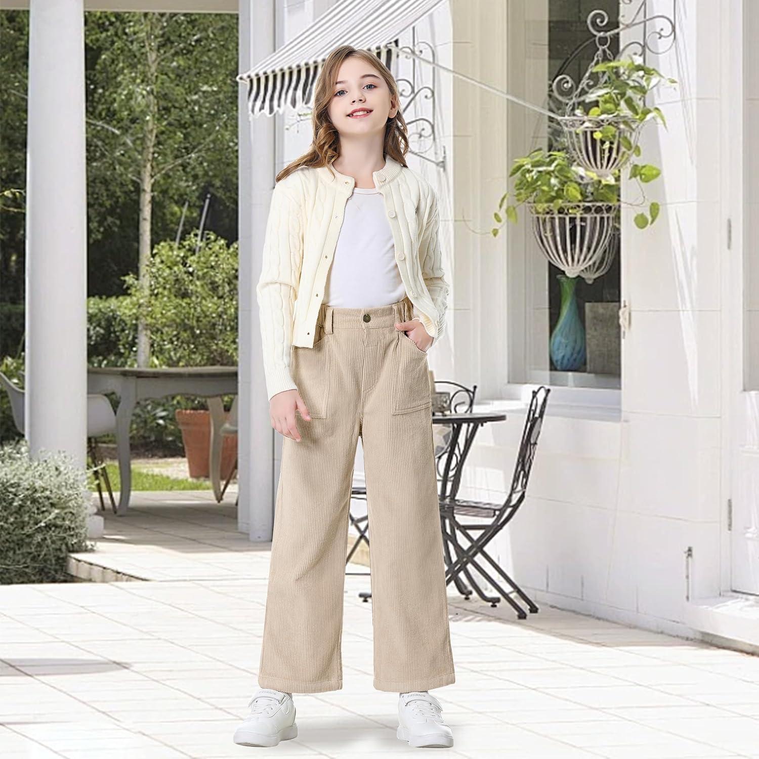 imageRolanko Girls Wide Leg Corduroy Pants High Waist Trousers Vintage Kids Pants Streetwear Casual 412 YearsBeige