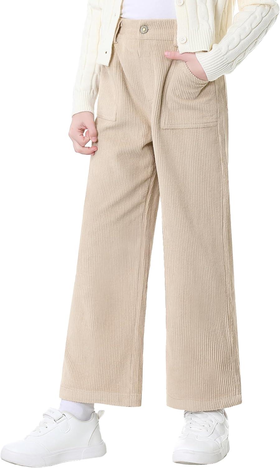 imageRolanko Girls Wide Leg Corduroy Pants High Waist Trousers Vintage Kids Pants Streetwear Casual 412 YearsBeige