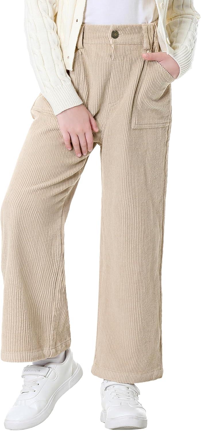 imageRolanko Girls Wide Leg Corduroy Pants High Waist Trousers Vintage Kids Pants Streetwear Casual 412 YearsBeige