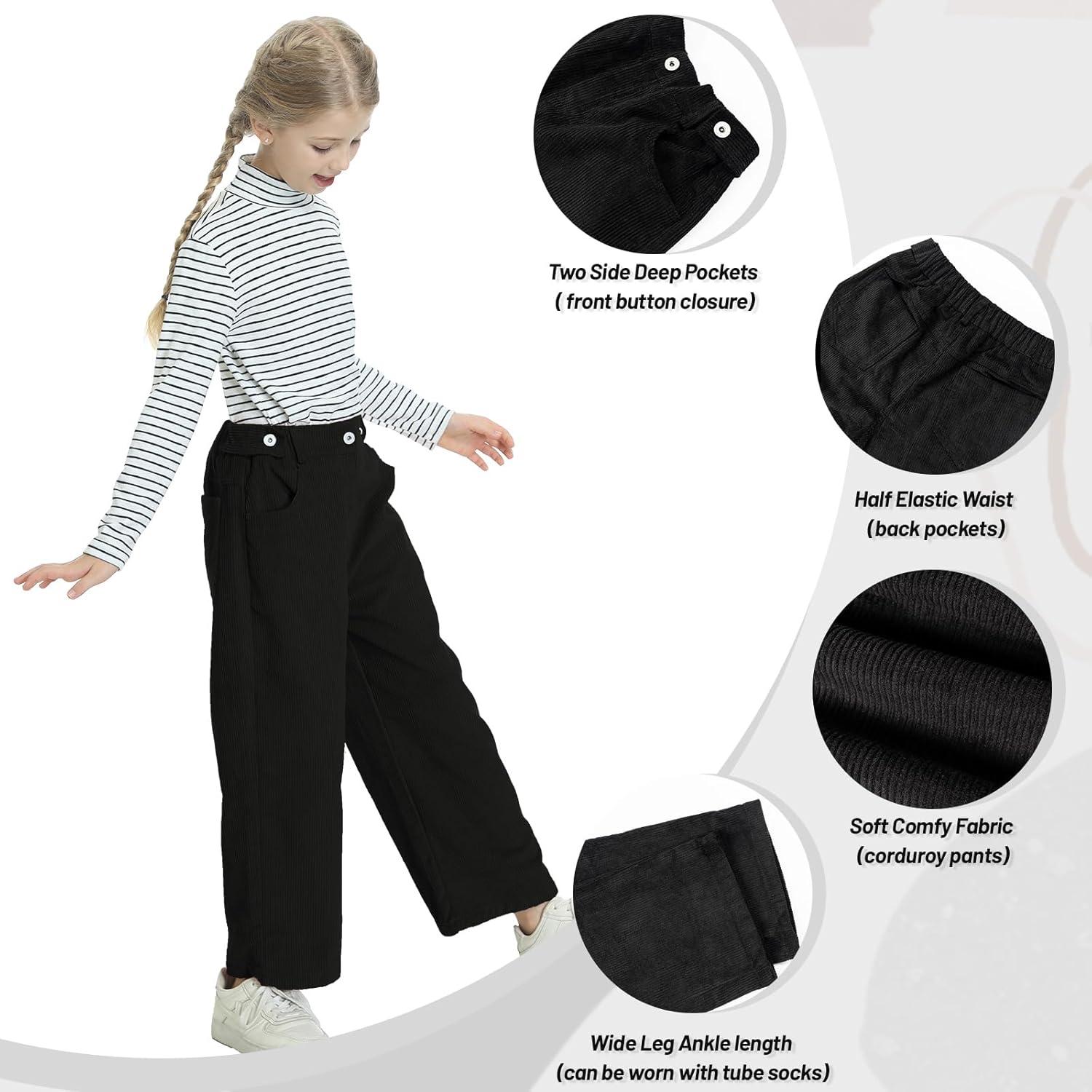imageRolanko Girls Wide Leg Corduroy Pants High Waist Trousers Vintage Kids Pants Streetwear Casual 412 YearsBlack