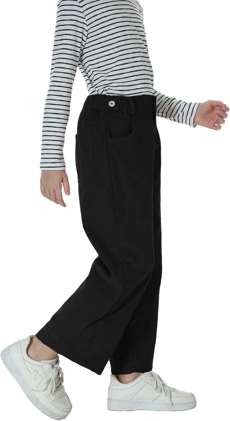 imageRolanko Girls Wide Leg Corduroy Pants High Waist Trousers Vintage Kids Pants Streetwear Casual 412 YearsBlack