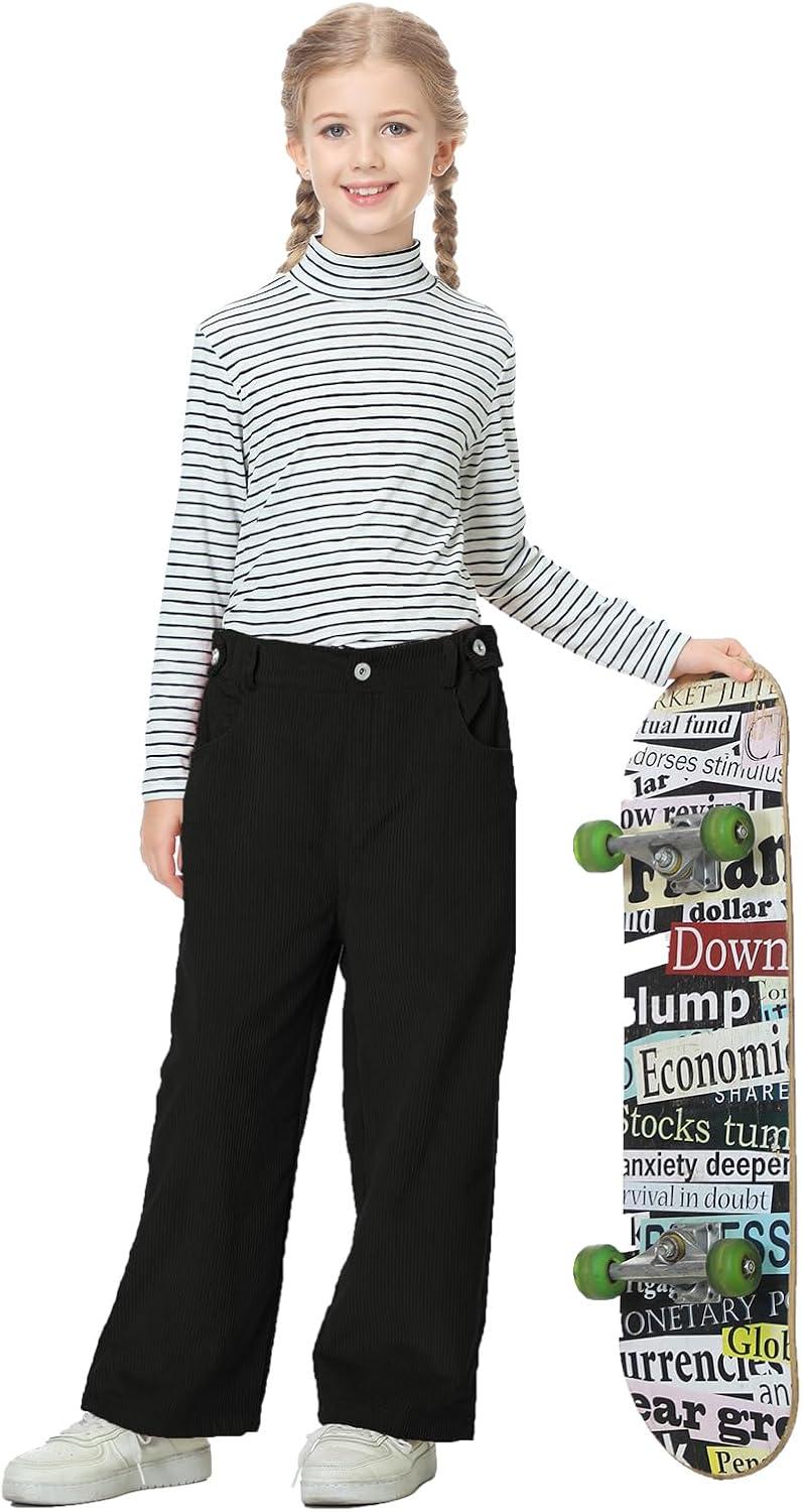 imageRolanko Girls Wide Leg Corduroy Pants High Waist Trousers Vintage Kids Pants Streetwear Casual 412 YearsBlack