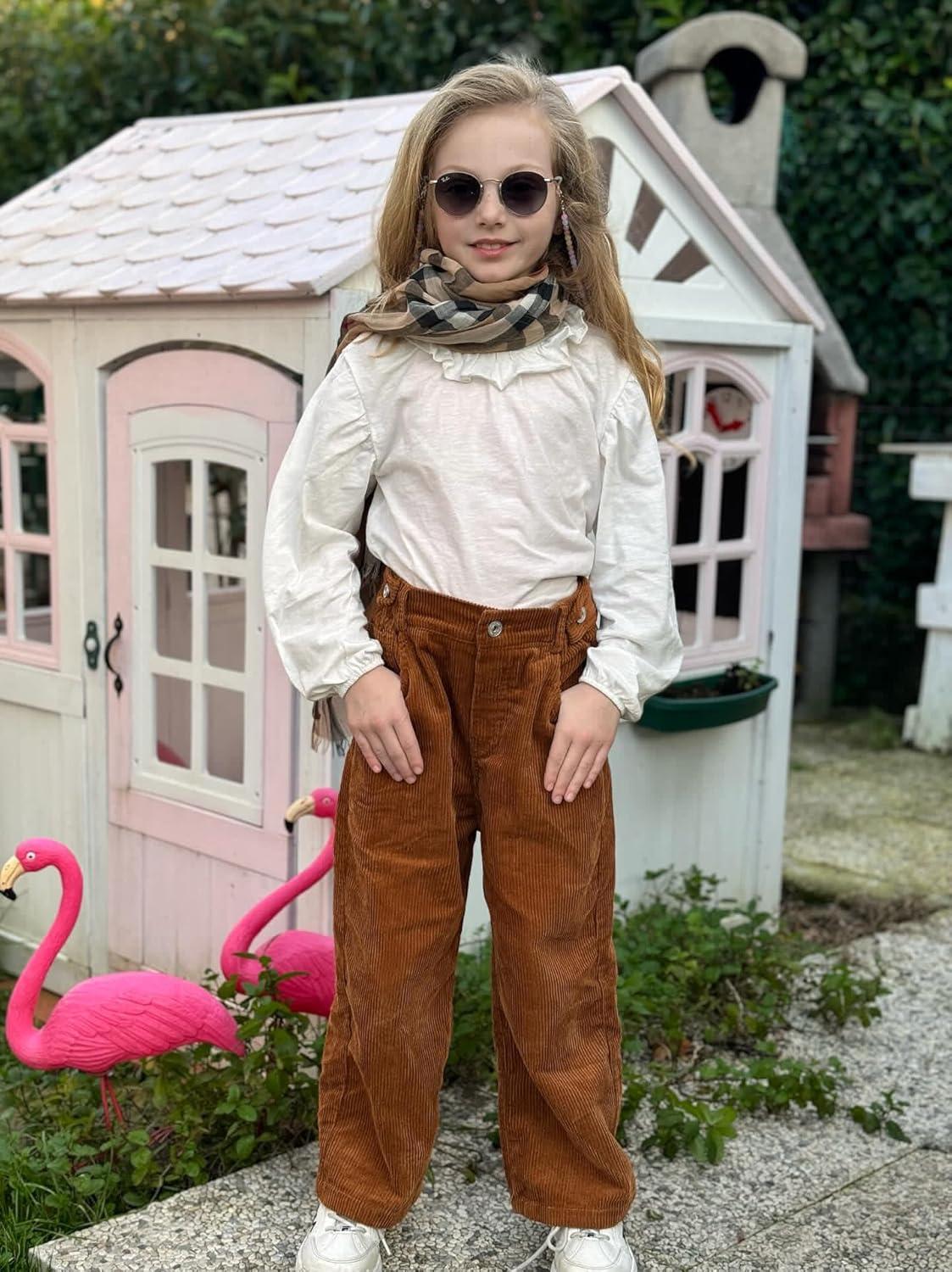 imageRolanko Girls Wide Leg Corduroy Pants High Waist Trousers Vintage Kids Pants Streetwear Casual 412 YearsBrown