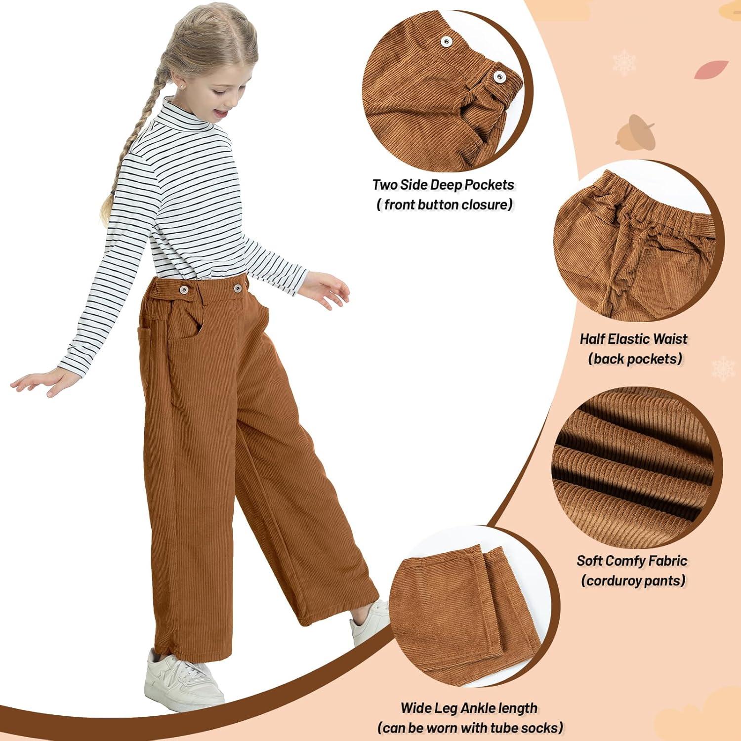 imageRolanko Girls Wide Leg Corduroy Pants High Waist Trousers Vintage Kids Pants Streetwear Casual 412 YearsBrown