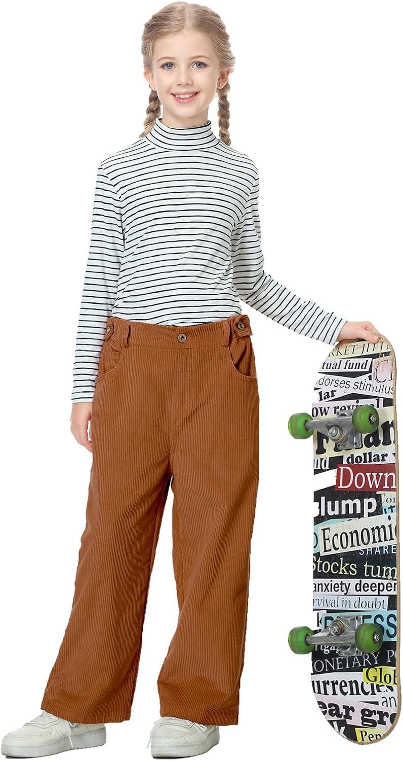 imageRolanko Girls Wide Leg Corduroy Pants High Waist Trousers Vintage Kids Pants Streetwear Casual 412 YearsBrown