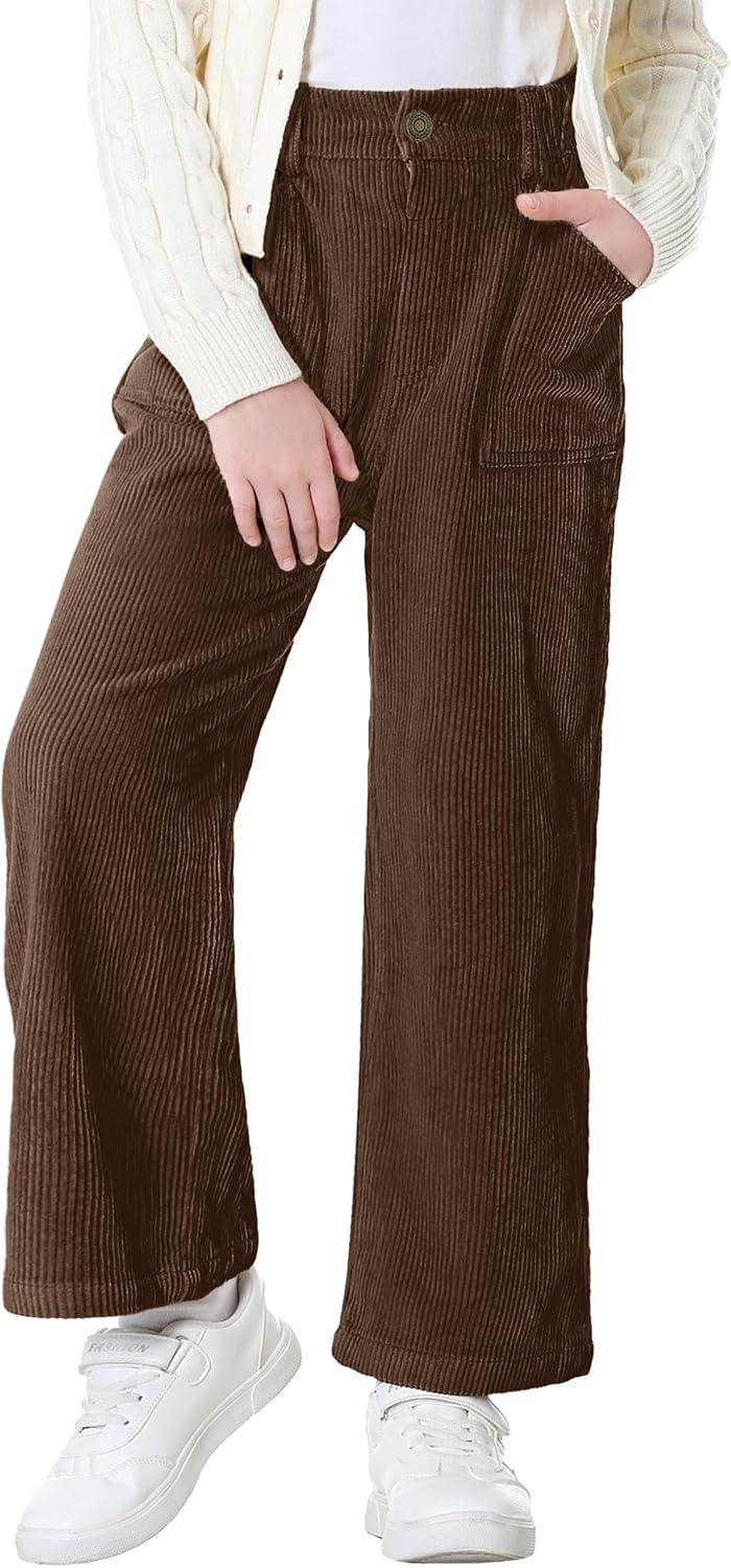 imageRolanko Girls Wide Leg Corduroy Pants High Waist Trousers Vintage Kids Pants Streetwear Casual 412 YearsDarkbrown