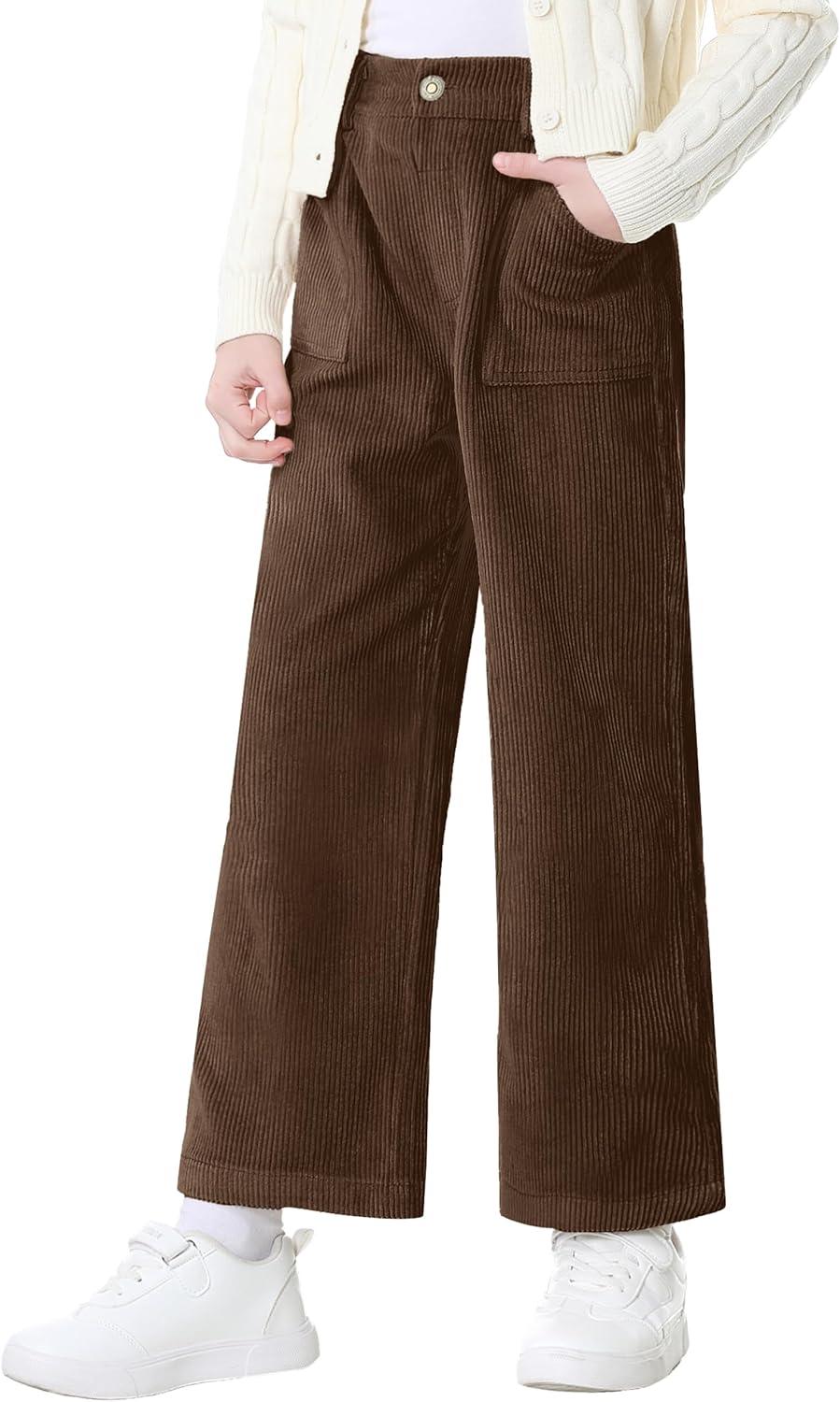 imageRolanko Girls Wide Leg Corduroy Pants High Waist Trousers Vintage Kids Pants Streetwear Casual 412 YearsDarkbrown