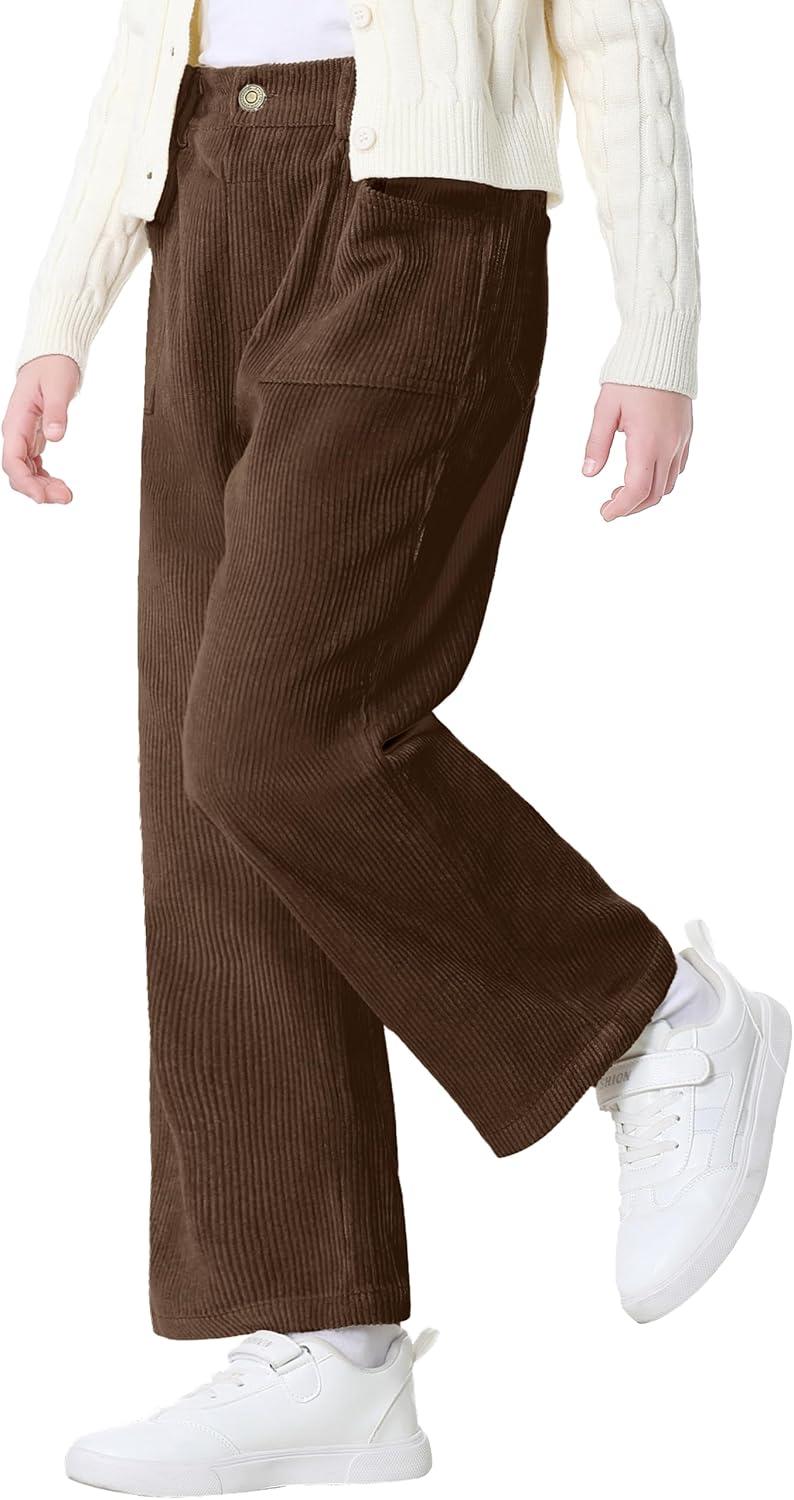 imageRolanko Girls Wide Leg Corduroy Pants High Waist Trousers Vintage Kids Pants Streetwear Casual 412 YearsDarkbrown
