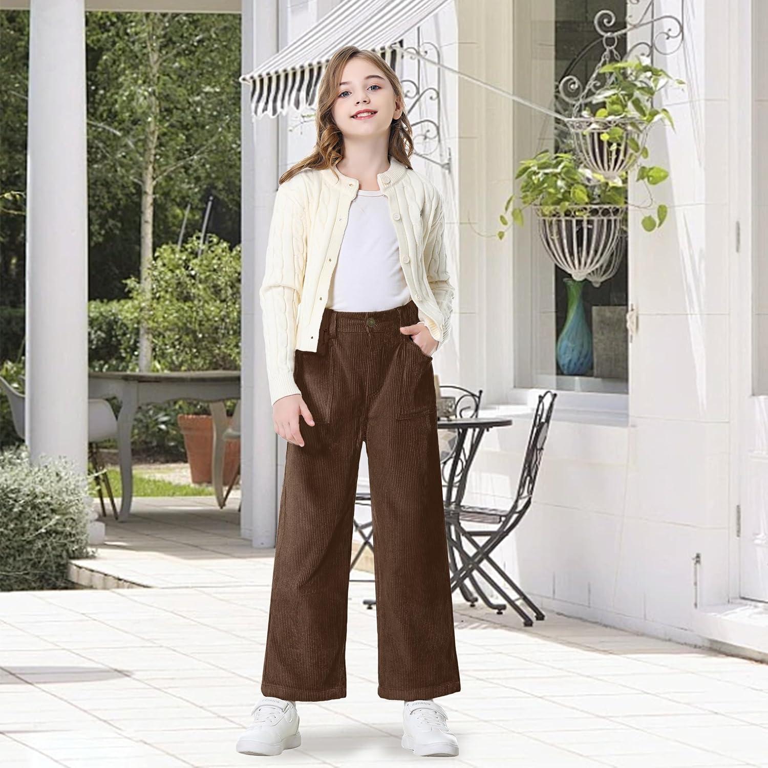 imageRolanko Girls Wide Leg Corduroy Pants High Waist Trousers Vintage Kids Pants Streetwear Casual 412 YearsDarkbrown