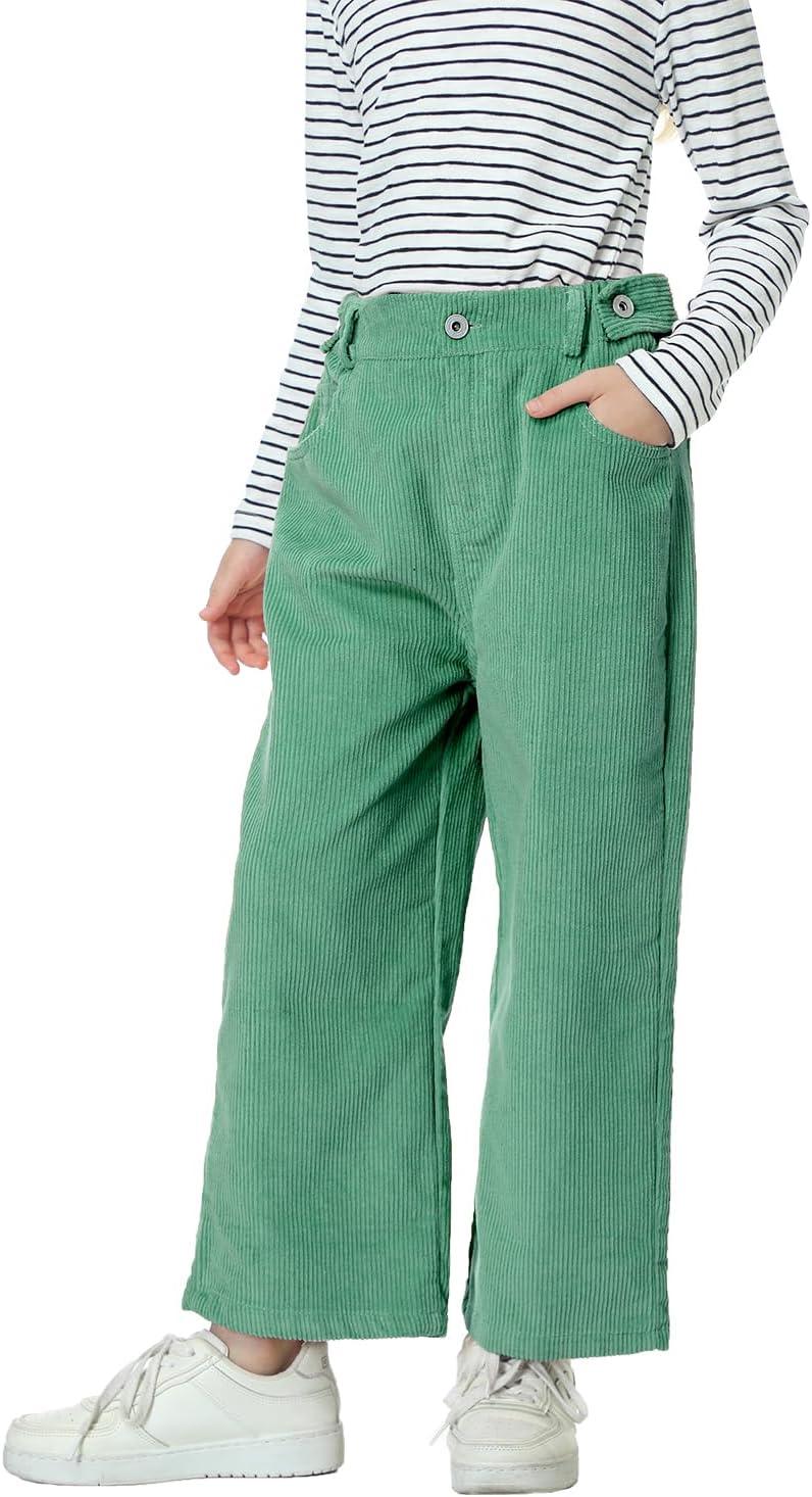 imageRolanko Girls Wide Leg Corduroy Pants High Waist Trousers Vintage Kids Pants Streetwear Casual 412 YearsGreen