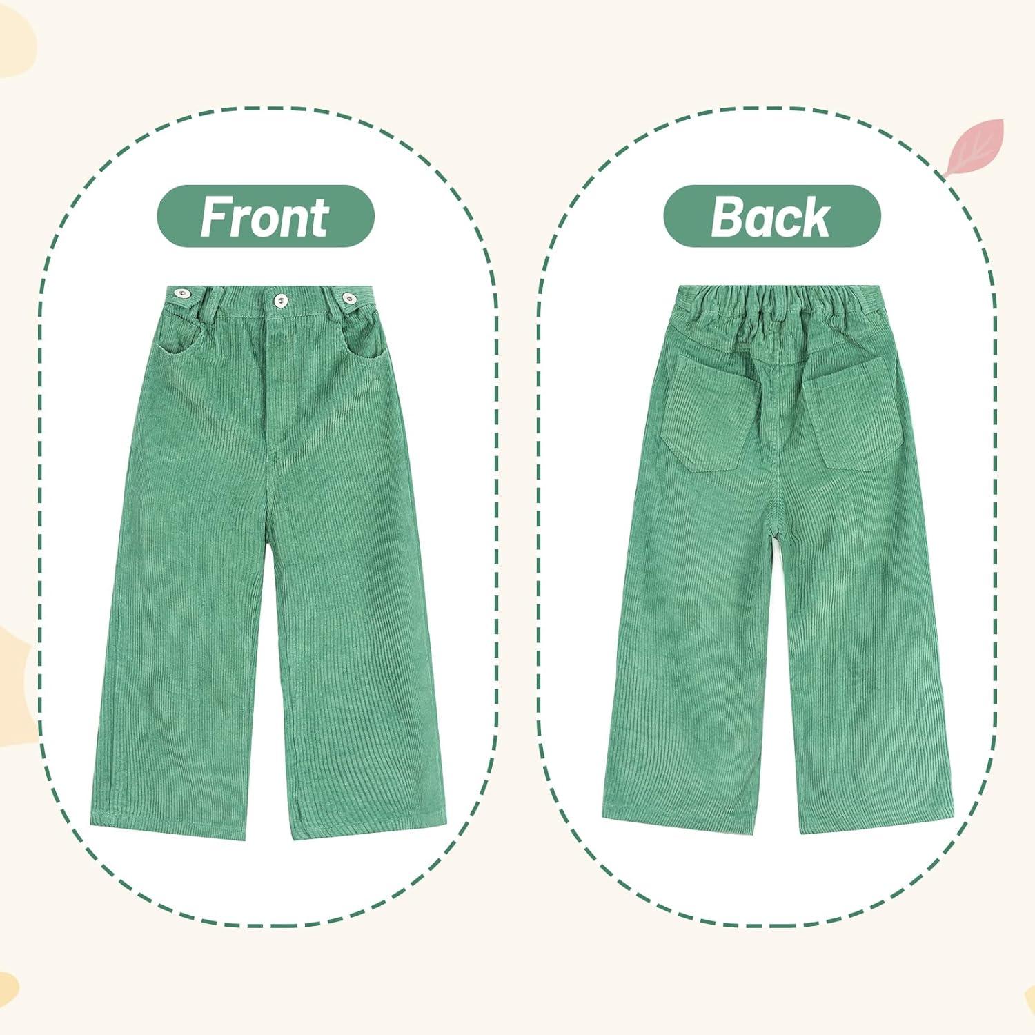 imageRolanko Girls Wide Leg Corduroy Pants High Waist Trousers Vintage Kids Pants Streetwear Casual 412 YearsGreen