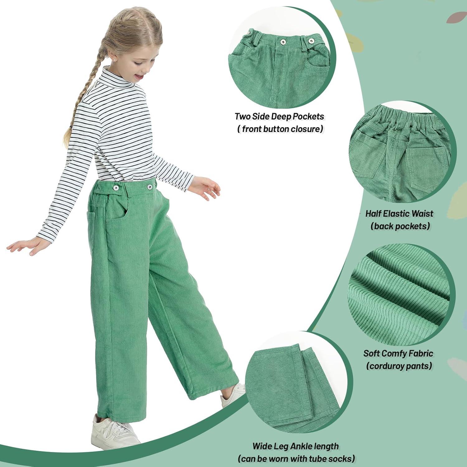 imageRolanko Girls Wide Leg Corduroy Pants High Waist Trousers Vintage Kids Pants Streetwear Casual 412 YearsGreen