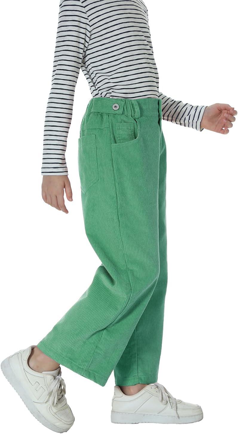 imageRolanko Girls Wide Leg Corduroy Pants High Waist Trousers Vintage Kids Pants Streetwear Casual 412 YearsGreen