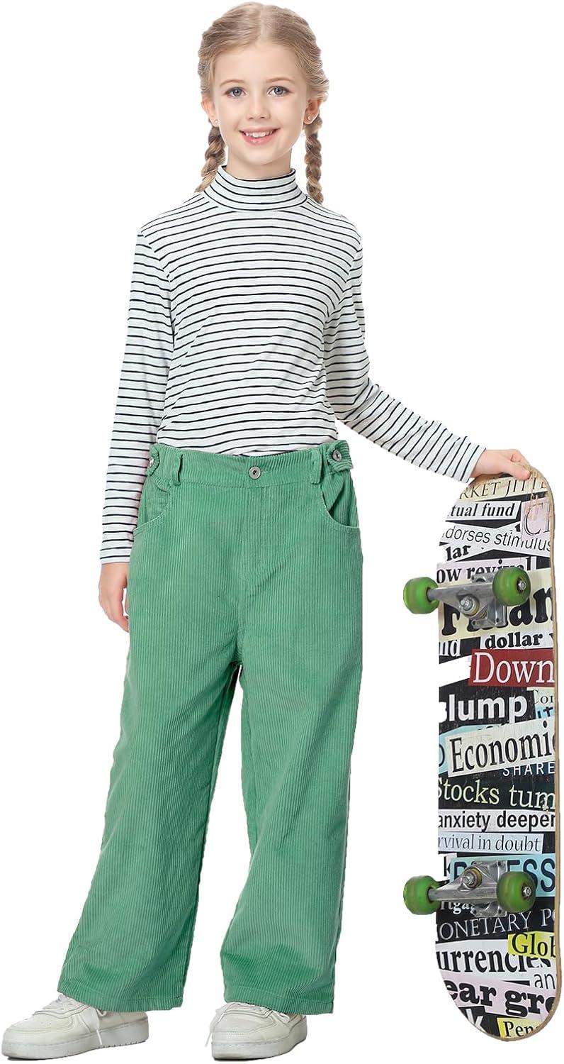 imageRolanko Girls Wide Leg Corduroy Pants High Waist Trousers Vintage Kids Pants Streetwear Casual 412 YearsGreen