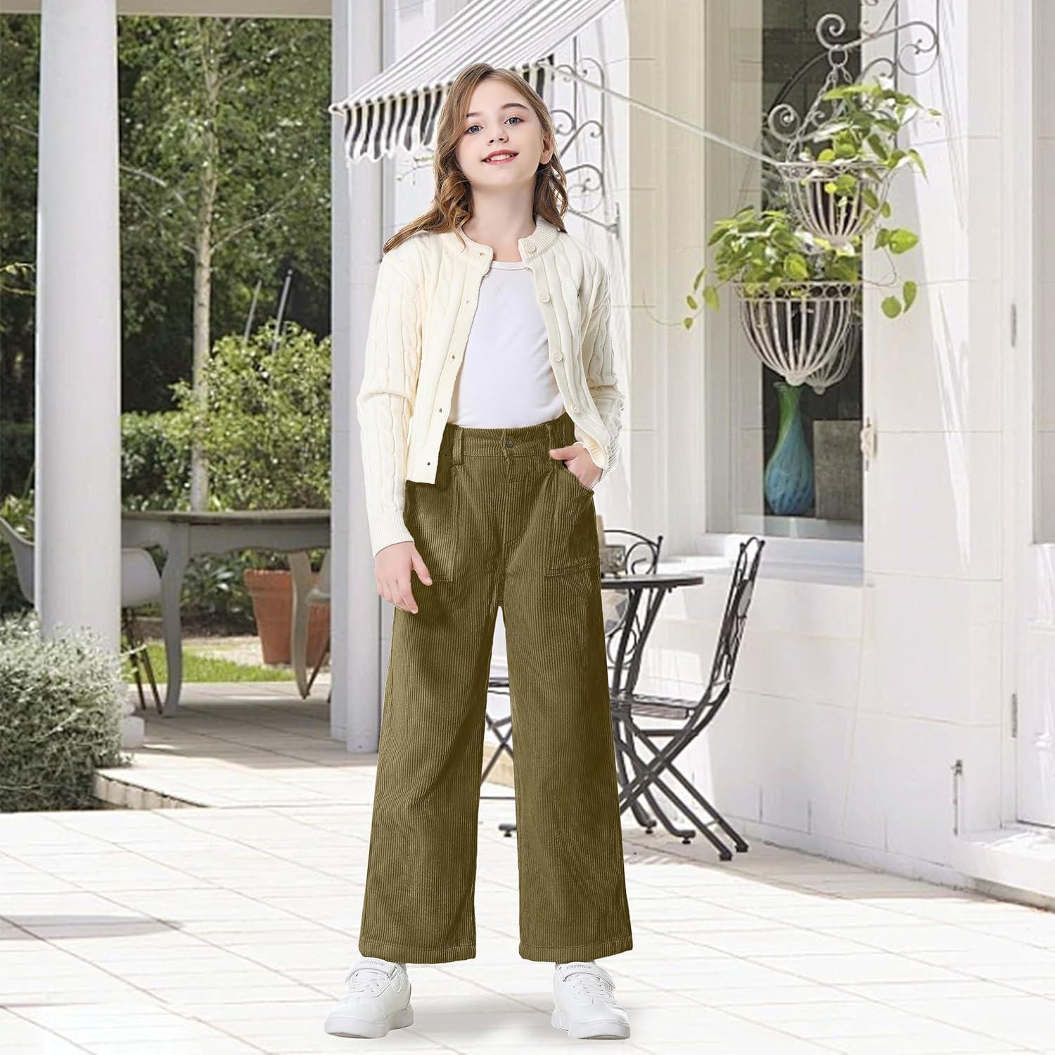 imageRolanko Girls Wide Leg Corduroy Pants High Waist Trousers Vintage Kids Pants Streetwear Casual 412 YearsOlivegreen