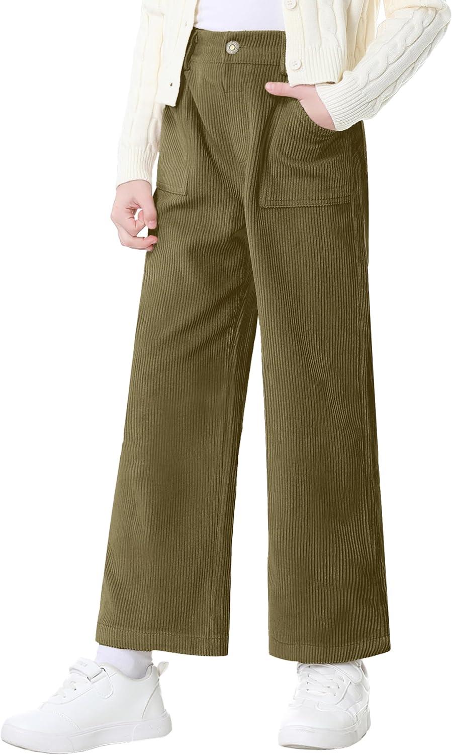 imageRolanko Girls Wide Leg Corduroy Pants High Waist Trousers Vintage Kids Pants Streetwear Casual 412 YearsOlivegreen