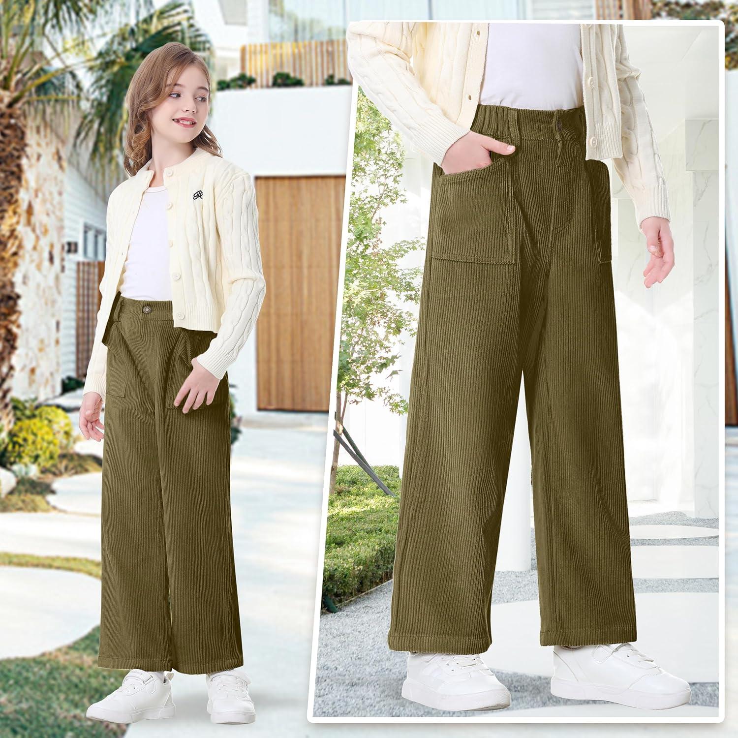 imageRolanko Girls Wide Leg Corduroy Pants High Waist Trousers Vintage Kids Pants Streetwear Casual 412 YearsOlivegreen