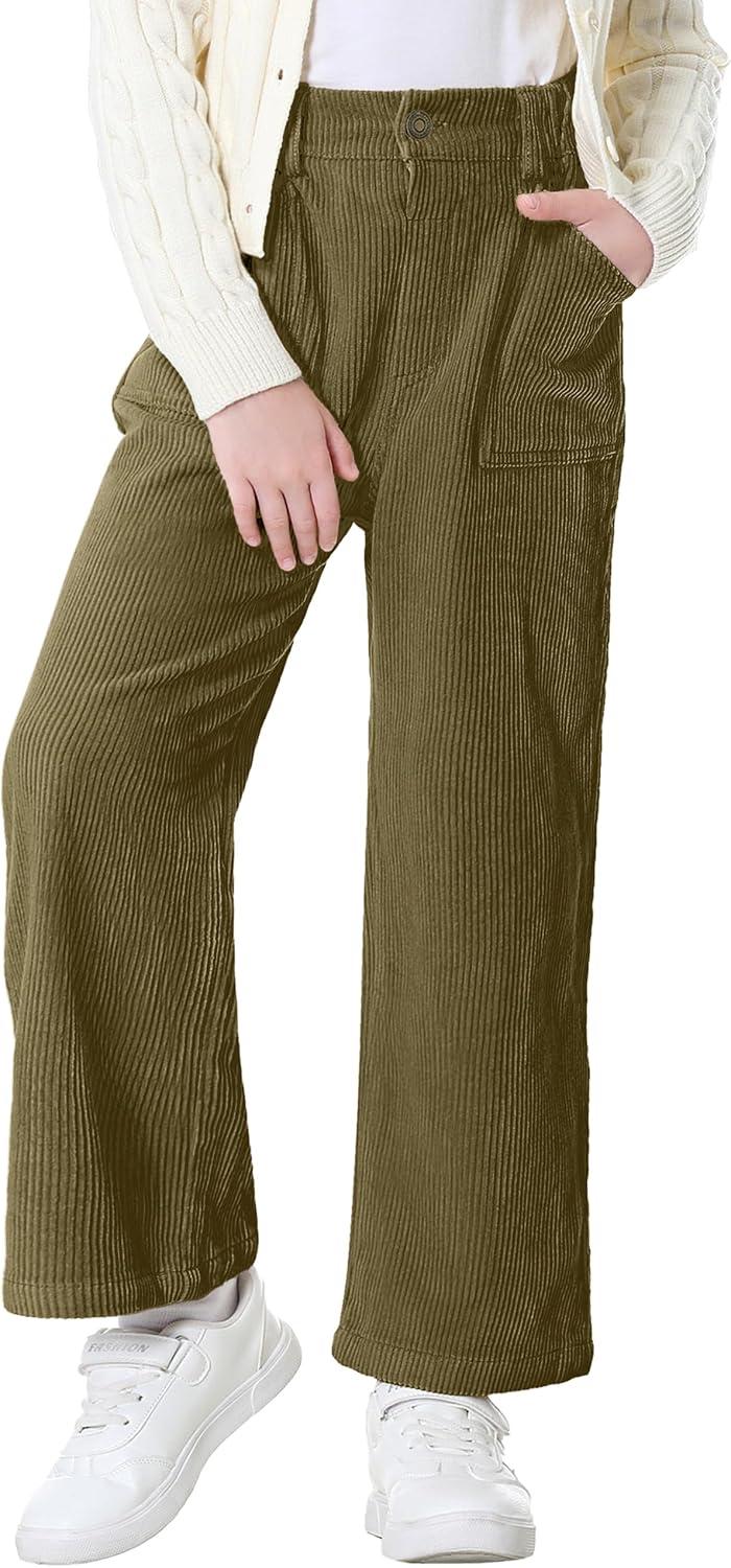 imageRolanko Girls Wide Leg Corduroy Pants High Waist Trousers Vintage Kids Pants Streetwear Casual 412 YearsOlivegreen