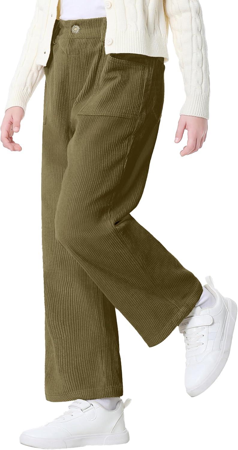 imageRolanko Girls Wide Leg Corduroy Pants High Waist Trousers Vintage Kids Pants Streetwear Casual 412 YearsOlivegreen