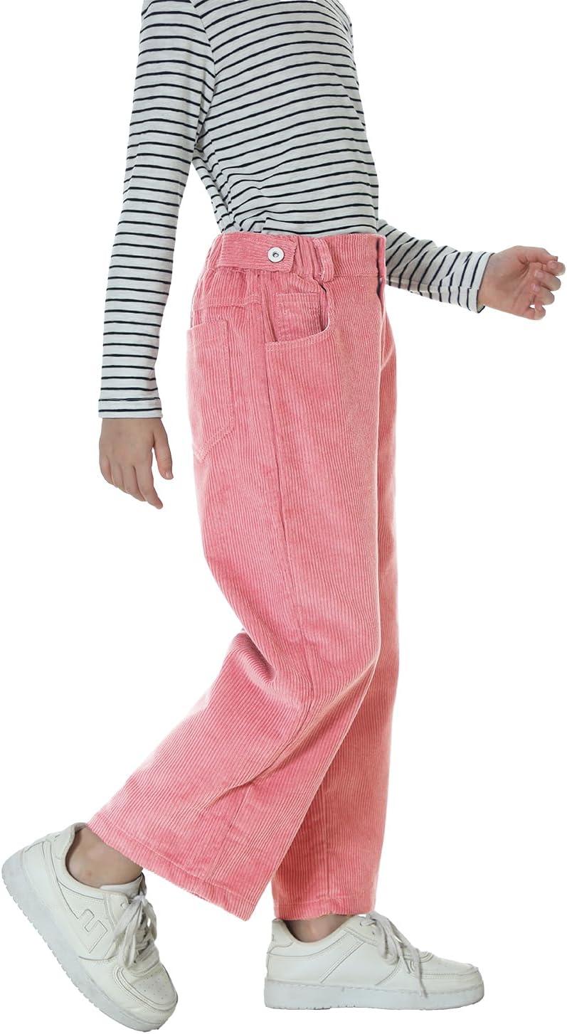 imageRolanko Girls Wide Leg Corduroy Pants High Waist Trousers Vintage Kids Pants Streetwear Casual 412 YearsPink