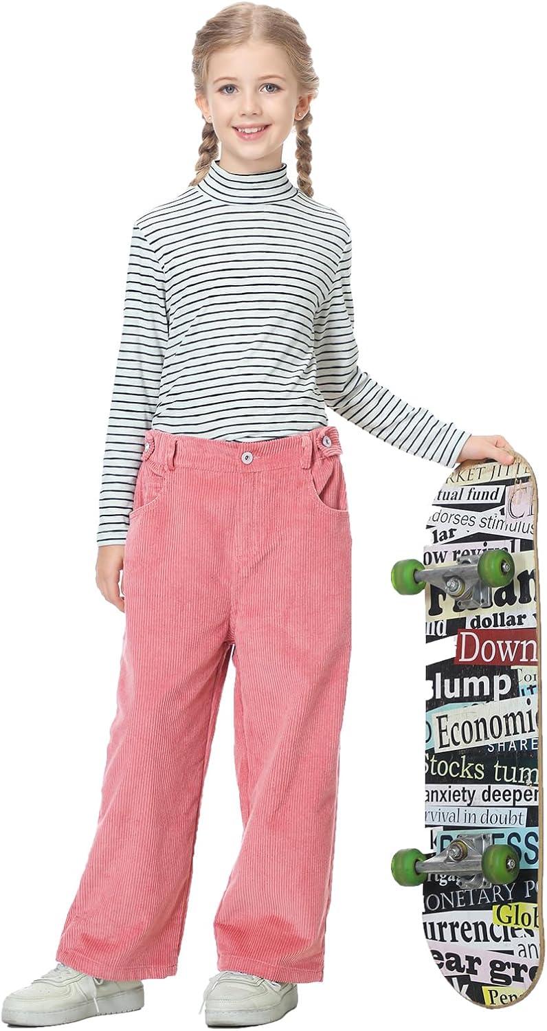 imageRolanko Girls Wide Leg Corduroy Pants High Waist Trousers Vintage Kids Pants Streetwear Casual 412 YearsPink