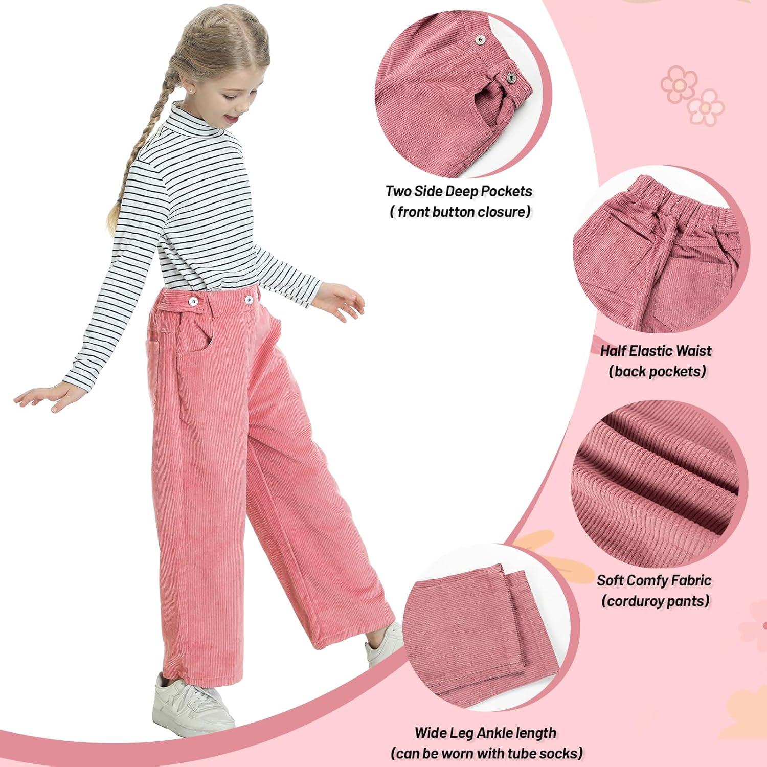 imageRolanko Girls Wide Leg Corduroy Pants High Waist Trousers Vintage Kids Pants Streetwear Casual 412 YearsPink