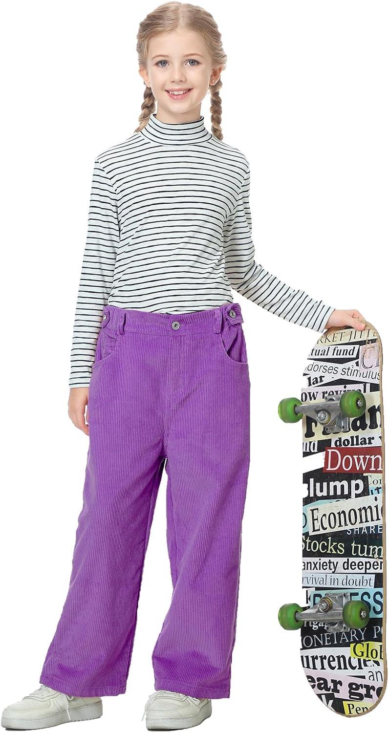 imageRolanko Girls Wide Leg Corduroy Pants High Waist Trousers Vintage Kids Pants Streetwear Casual 412 YearsPurple