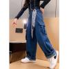 imageRolanko Girls Cargo Pants Baggy Y2K Cargo Trousers Jeans Wide Leg Pants with Multi Pockets 415 YearsBlue