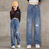 imageRolanko Girls Jeans Denim Elastic Wasit Wide Leg Baggy Pants Kids Clothes 414 YearsA2blue Hole