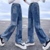 imageRolanko Girls Jeans Denim Elastic Wasit Wide Leg Baggy Pants Kids Clothes 414 YearsA4blue Patchw
