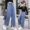imageRolanko Girls Jeans Denim Elastic Wasit Wide Leg Baggy Pants Kids Clothes 414 YearsBluethreebutton