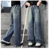 imageRolanko Girls Jeans Denim Elastic Wasit Wide Leg Baggy Pants Kids Clothes 414 YearsBow