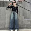imageRolanko Girls Jeans Denim Elastic Wasit Wide Leg Baggy Pants Kids Clothes 414 YearsBow